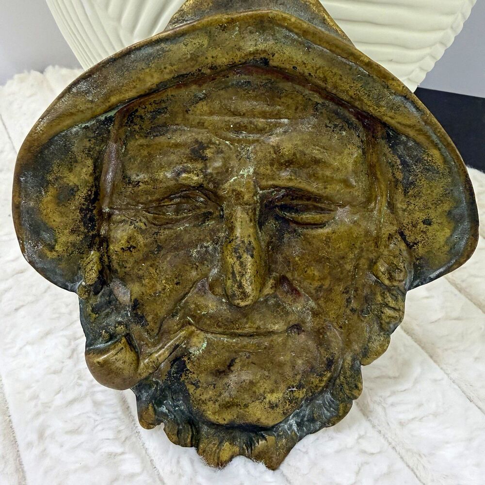 Vintage Brass Fisherman Sculpture Ashtray/Trinket dish Pipe Gold & Green Patina